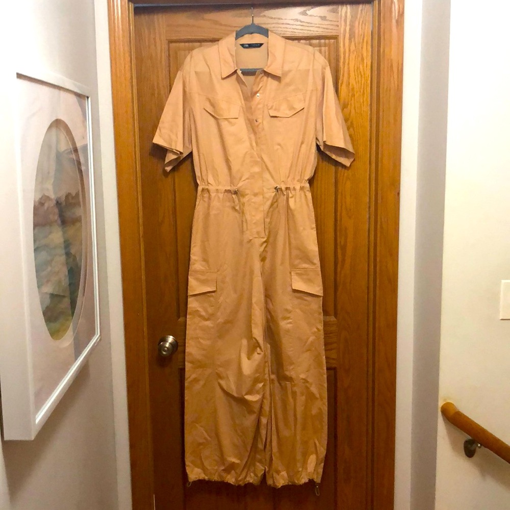 BLOGGER FAV** Zara Gabardine Full Length Jumpsuit Cargo/Utility Size Small NWT